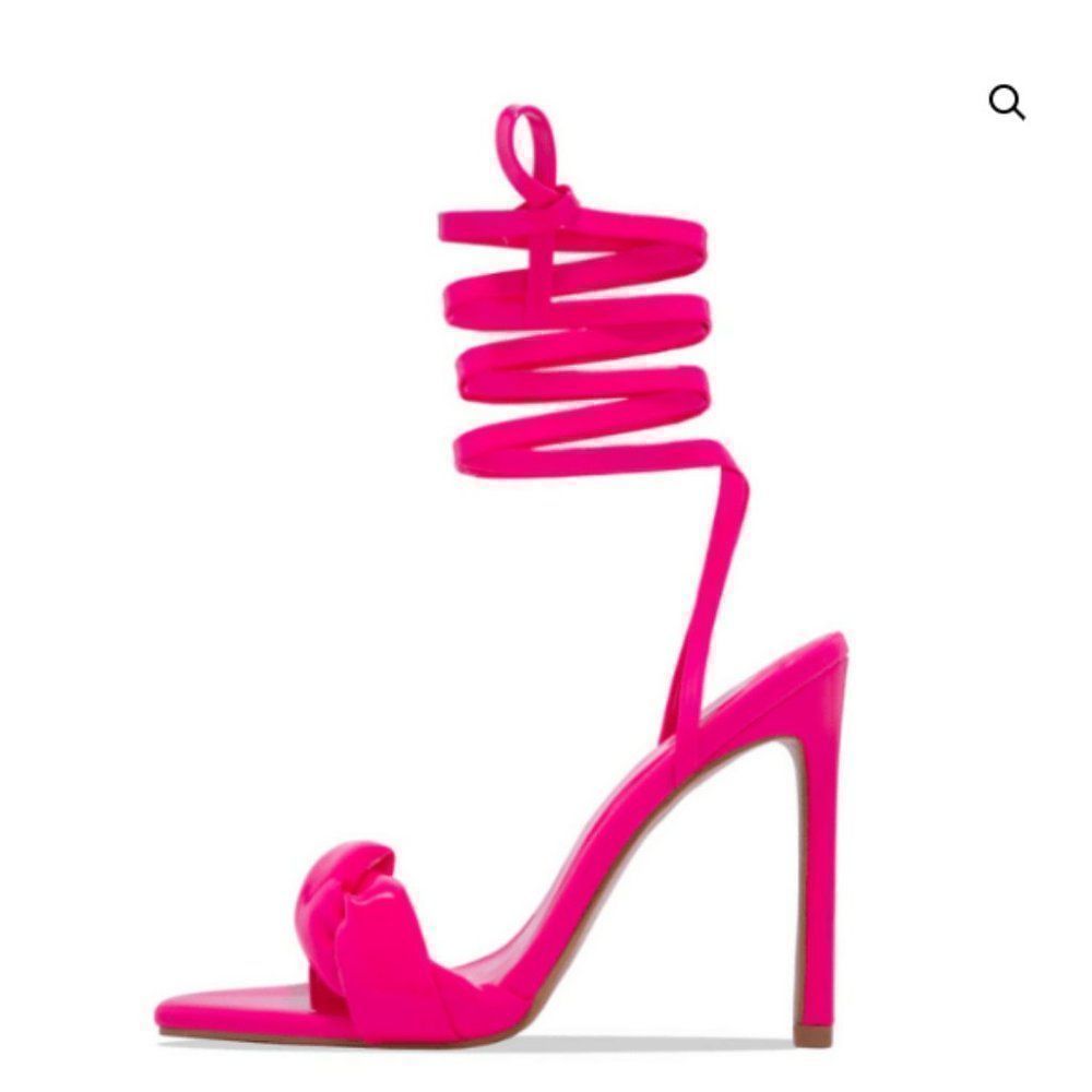 NEON PINK HEELED SANDALS | PATENT LEATHER LACE-UP HIGH HEEL